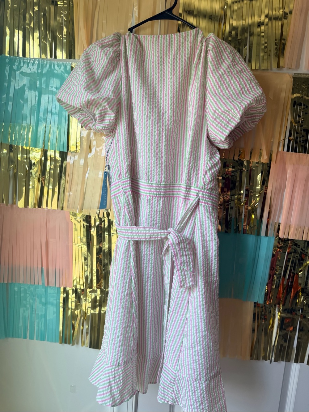 Draper James Pink and Green Striped Puff-Sleeve Wrap Dress - Picture 4 of 4